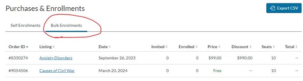 The Bulk Enrollments tab that lists all courses the user can invite students to.